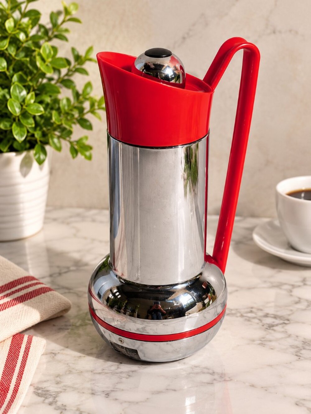Vintage Studio Nova Japan Red Chrome Insulated Coffee Carafe 1980s Retro